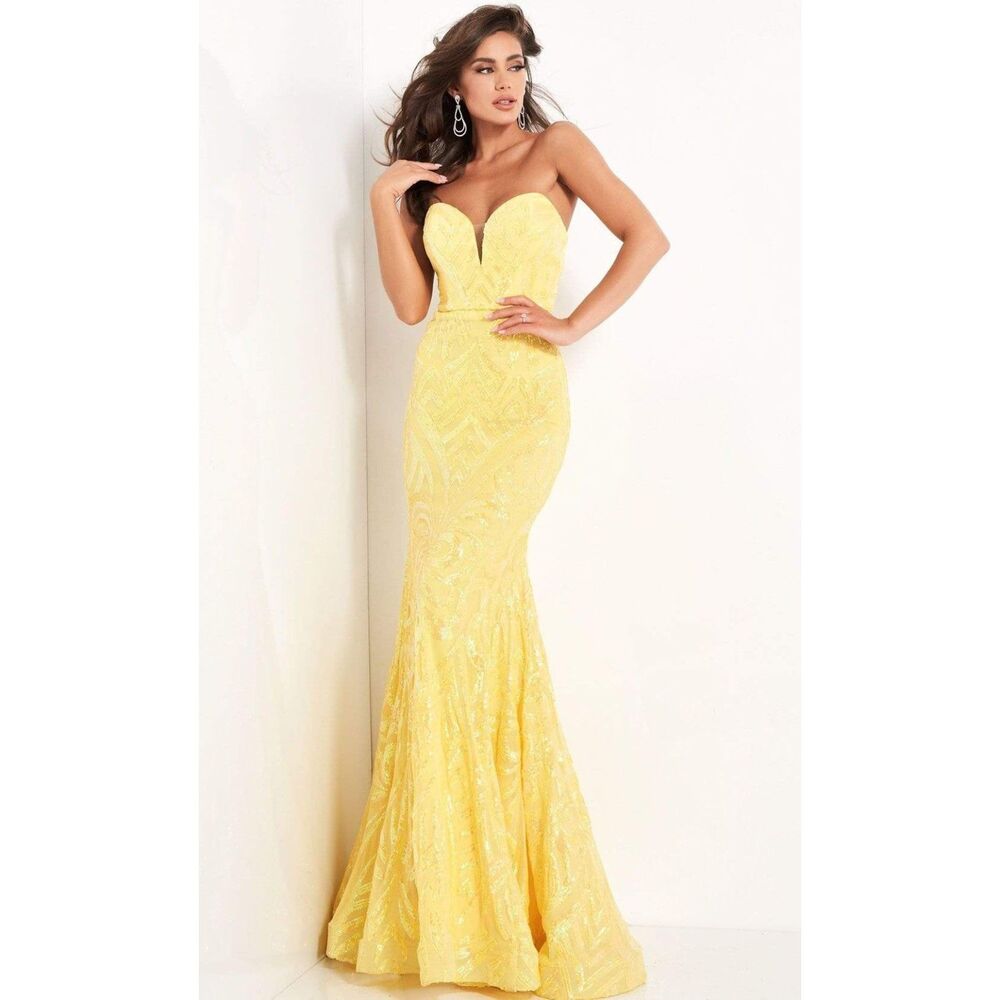 Size 4 Jovani sleeveless sweetheart neckline sequin mermaid dress bright yellow